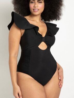 NWT Eloquii One Piece Black Ruffled Swimsuit With Tie Back Size 24W